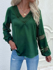 Women's woven V-neck stitching hollow lace shirt - 808Lush