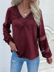 Women's woven V-neck stitching hollow lace shirt - 808Lush