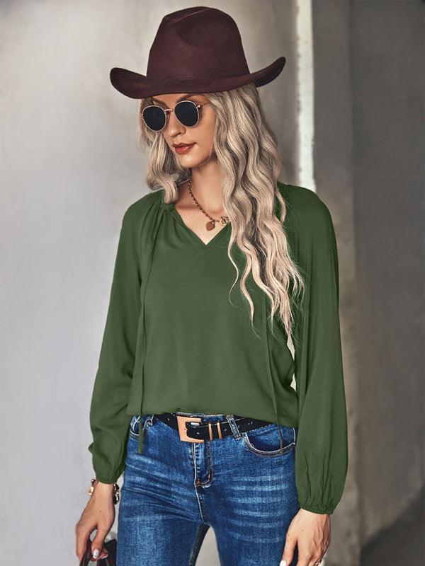 Women's woven elegant V-neck long-sleeved shirt - 808Lush