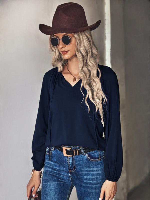 Women's woven elegant V-neck long-sleeved shirt - 808Lush