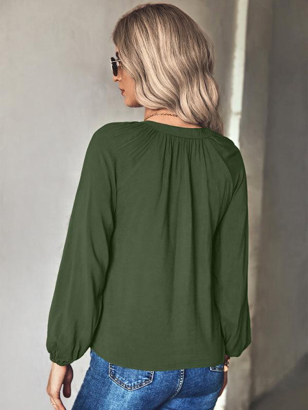 Women's woven elegant V-neck long-sleeved shirt - 808Lush