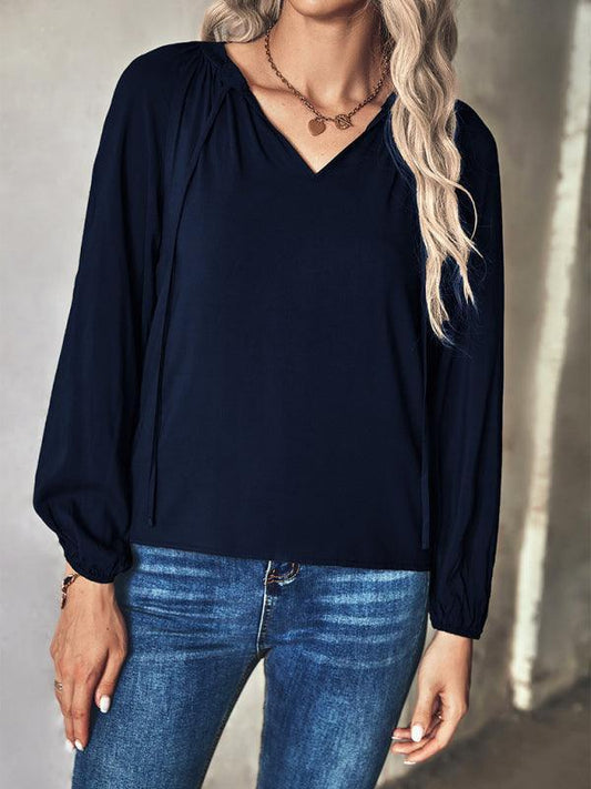 Women's woven elegant V-neck long-sleeved shirt - 808Lush