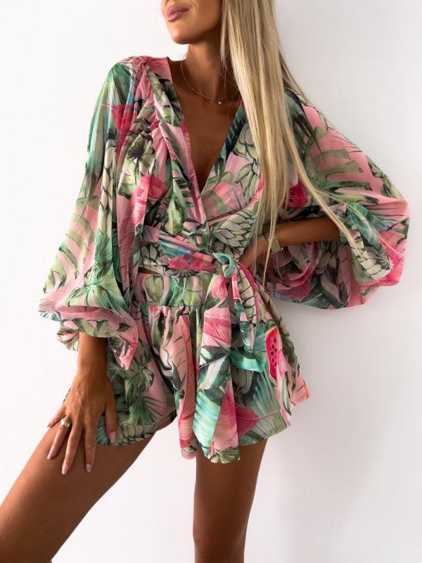 Women's woven floral long-sleeved shorts V-neck tropical rainforest jumpsuit - 808Lush