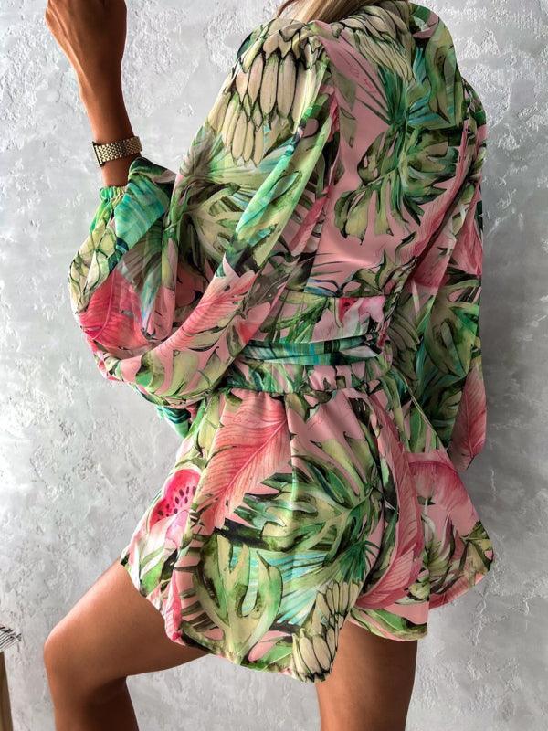 Women's woven floral long-sleeved shorts V-neck tropical rainforest jumpsuit - 808Lush