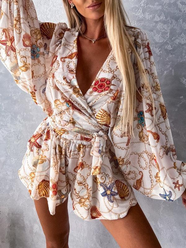 Women's woven floral long-sleeved shorts V-neck tropical rainforest jumpsuit - 808Lush