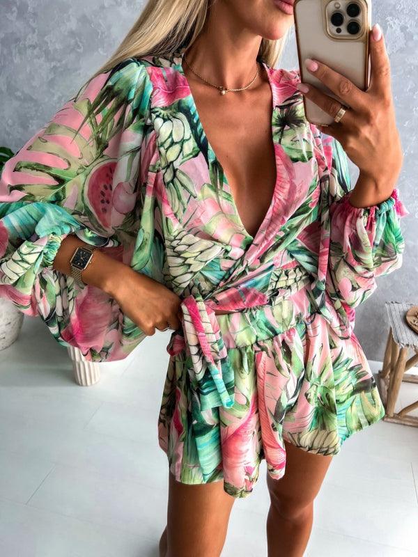 Women's woven floral long-sleeved shorts V-neck tropical rainforest jumpsuit - 808Lush