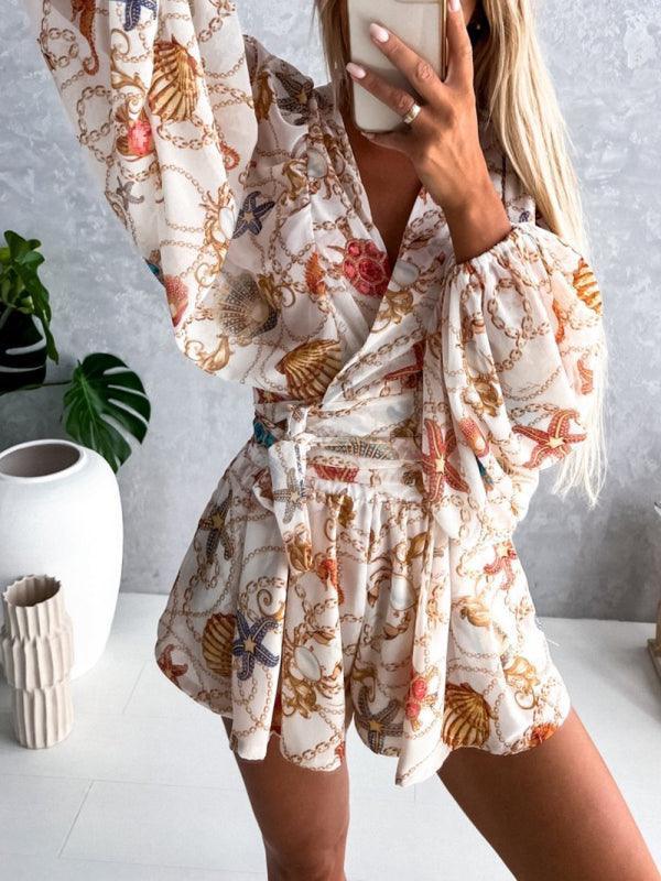 Women's woven floral long-sleeved shorts V-neck tropical rainforest jumpsuit - 808Lush