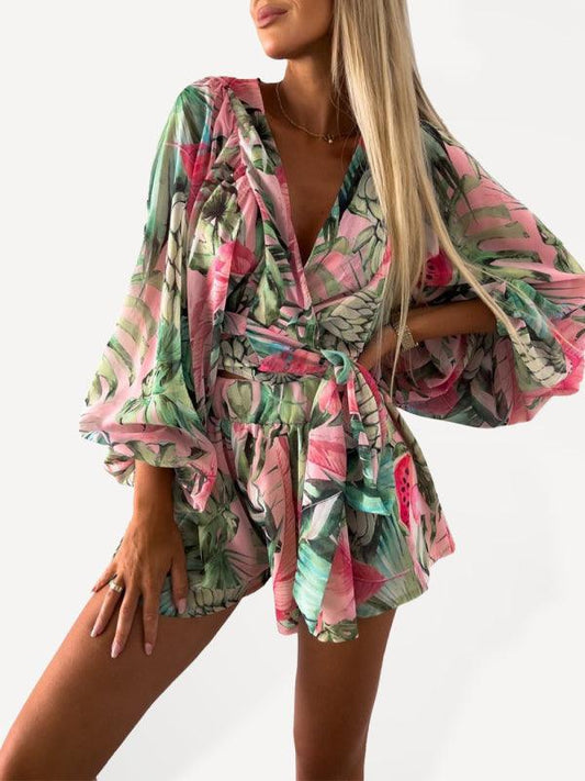 Women's woven floral long-sleeved shorts V-neck tropical rainforest jumpsuit - 808Lush