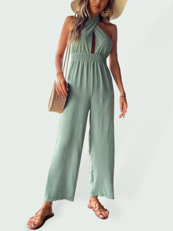 Women's woven halter neck hollow back wide-leg jumpsuit - 808Lush