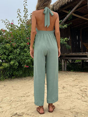 Women's woven halter neck hollow back wide-leg jumpsuit - 808Lush