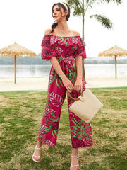 Women's woven one-shoulder chiffon floral resort jumpsuit - 808Lush