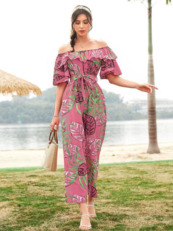 Women's woven one-shoulder chiffon floral resort jumpsuit - 808Lush