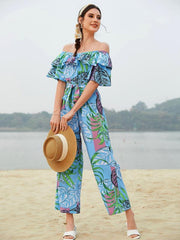 Women's woven one-shoulder chiffon floral resort jumpsuit - 808Lush