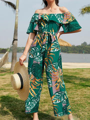 Women's woven one-shoulder chiffon floral resort jumpsuit - 808Lush