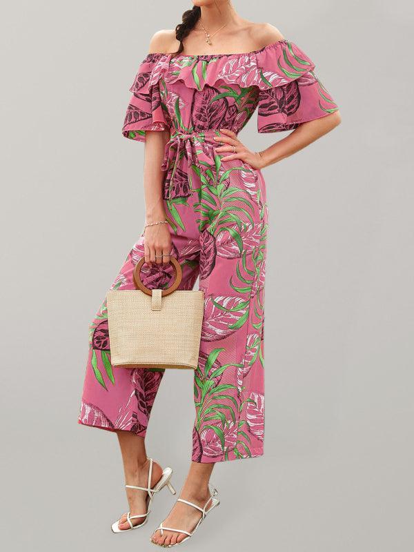 Women's woven one-shoulder chiffon floral resort jumpsuit - 808Lush