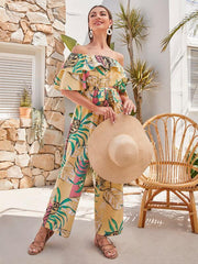 Women's woven one-shoulder chiffon floral resort jumpsuit - 808Lush