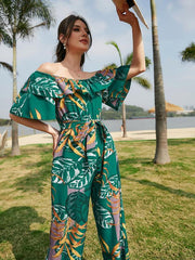 Women's woven one-shoulder chiffon floral resort jumpsuit - 808Lush