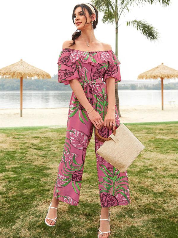 Women's woven one-shoulder chiffon floral resort jumpsuit - 808Lush