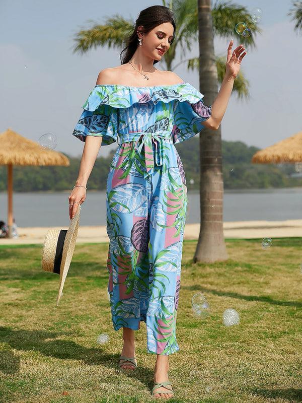 Women's woven one-shoulder chiffon floral resort jumpsuit - 808Lush