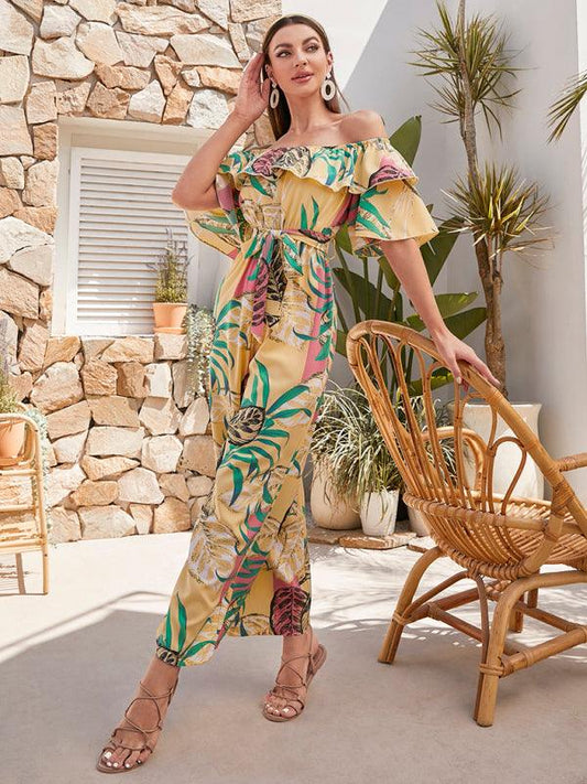 Women's woven one-shoulder chiffon floral resort jumpsuit - 808Lush