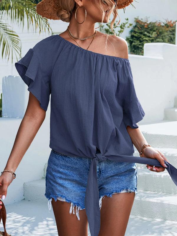 Women's woven ruffled tie round neck one-shoulder top - 808Lush