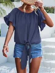 Women's woven ruffled tie round neck one-shoulder top - 808Lush