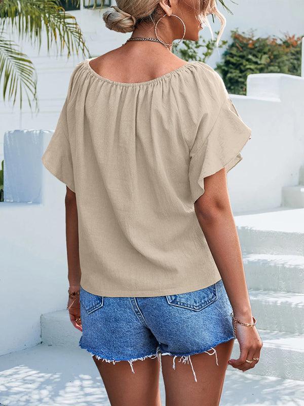 Women's woven ruffled tie round neck one-shoulder top - 808Lush