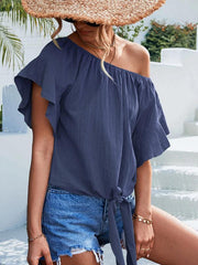 Women's woven ruffled tie round neck one-shoulder top - 808Lush