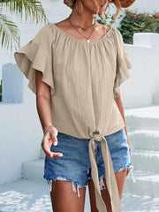 Women's woven ruffled tie round neck one-shoulder top - 808Lush