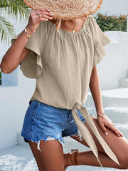 Women's woven ruffled tie round neck one-shoulder top - 808Lush