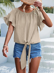 Women's woven ruffled tie round neck one-shoulder top - 808Lush