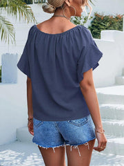 Women's woven ruffled tie round neck one-shoulder top - 808Lush