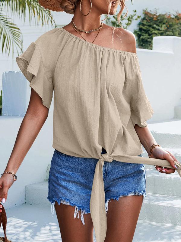 Women's woven ruffled tie round neck one-shoulder top - 808Lush