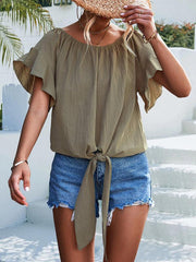 Women's woven ruffled tie round neck one-shoulder top - 808Lush