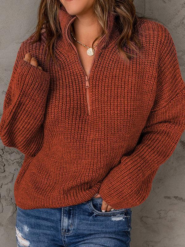 Women's zippered loose turtleneck long sleeve pullover sweater - 808Lush