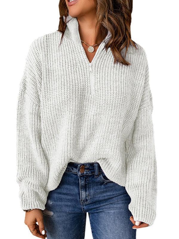 Women's zippered loose turtleneck long sleeve pullover sweater - 808Lush