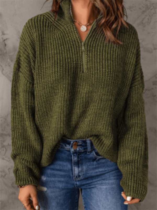 Women's zippered loose turtleneck long sleeve pullover sweater - 808Lush