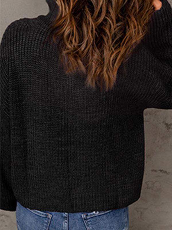 Women's zippered loose turtleneck long sleeve pullover sweater - 808Lush