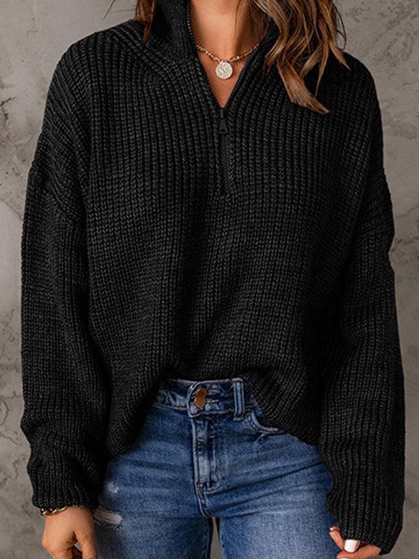 Women's zippered loose turtleneck long sleeve pullover sweater - 808Lush