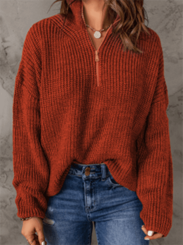 Women's zippered loose turtleneck long sleeve pullover sweater - 808Lush