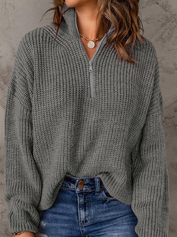 Women's zippered loose turtleneck long sleeve pullover sweater - 808Lush