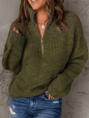 Women's zippered loose turtleneck long sleeve pullover sweater - 808Lush