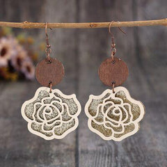 Wooden Alloy Rose Shape Dangle Earrings - 808Lush