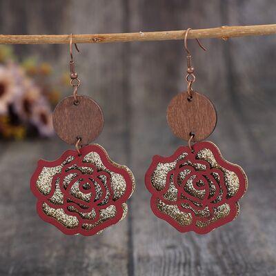 Wooden Alloy Rose Shape Dangle Earrings - 808Lush