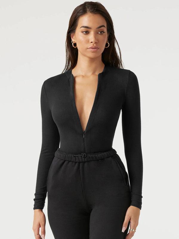 Zippered placket sexy long sleeves bodysuit - 808Lush