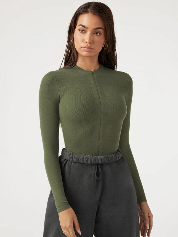 Zippered placket sexy long sleeves bodysuit - 808Lush