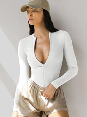 Zippered placket sexy long sleeves bodysuit - 808Lush