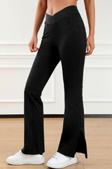 Wide Waistband Slit Bootcut Active Pants - 808Lush