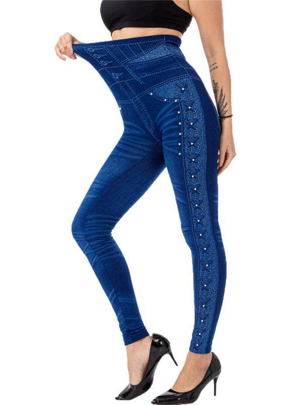 High waist beaded leggings stretch slim cropped pants - 808Lush