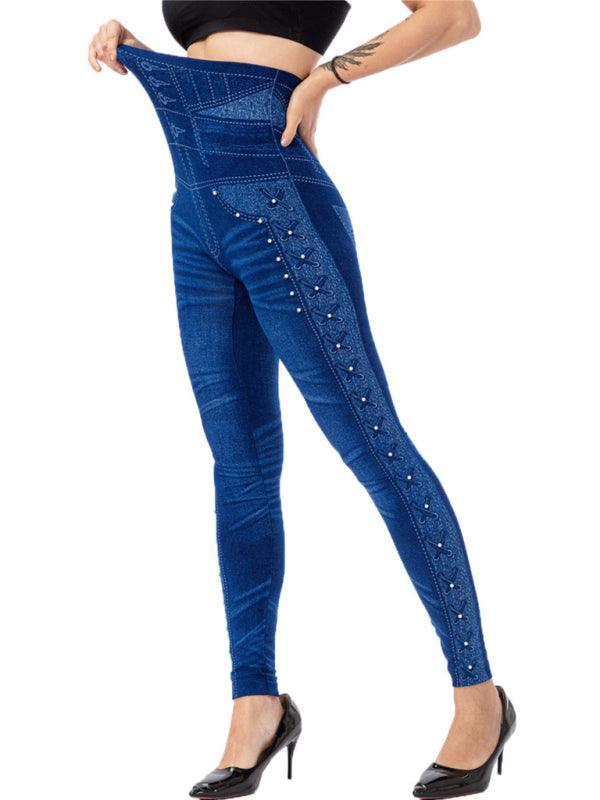 High waist beaded leggings stretch slim cropped pants - 808Lush